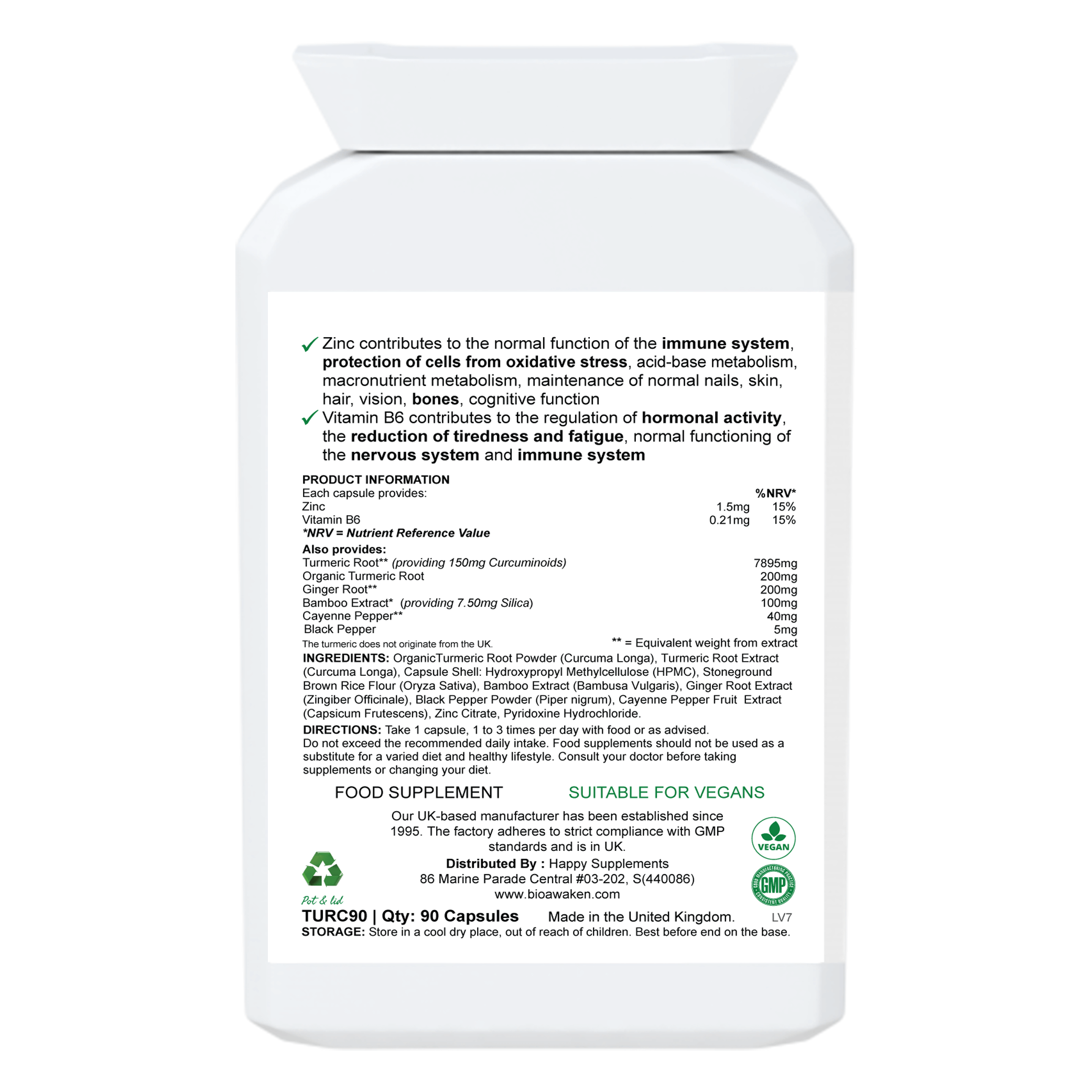 BioAwaken Premium Turmeric with Ginger Extract (Piperine) - 90 Caps